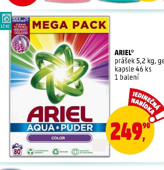 Ariel prášek 5,2 kg, gel 4,07 l, kapsle 46 ks