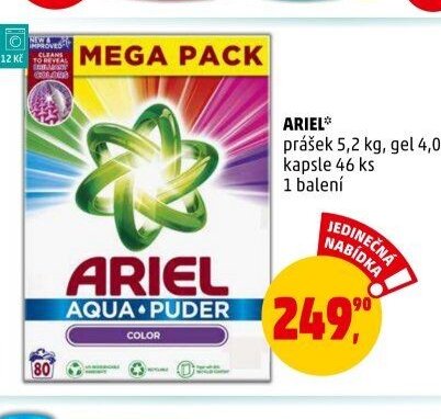 Ariel prášek 5,2 kg, gel 4,07 l, kapsle 46 ks
