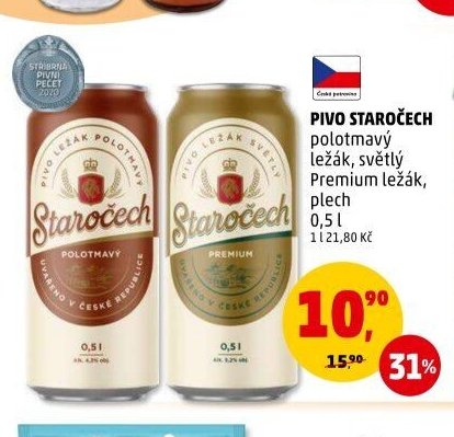 PIVO STAROČECH polotmavý ležák, světlý Premium ležák, plech 0,5 l