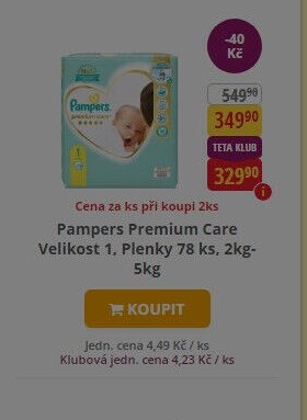 Pampers Premium Care Velikost 1, Plenky 78 ks, 2kg-5kg