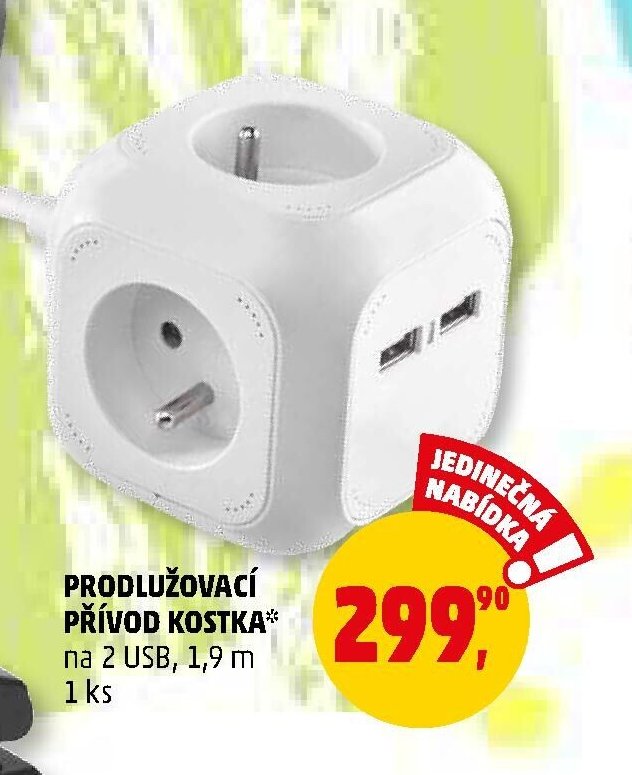 PRODLUŽOVACÍ PŘÍVOD KOSTKA na 2 USB, 1,9 m