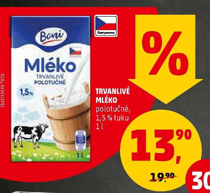 Trvanlivé mléko polotučné, 1,5 % tuku