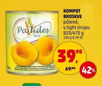 KOMPOT BROSKVE půlené, v light sirupu 820/470 g