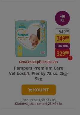 Pampers Premium Care Velikost 1, Plenky 78 ks, 2kg-5kg