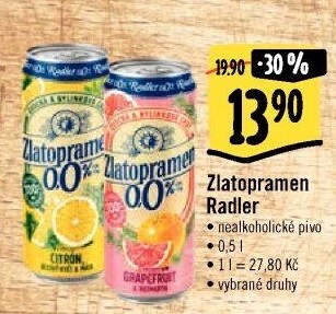 Nealkoholické pivo ochucené Radler Zlatopramen