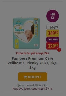 Pampers Premium Care Velikost 1, Plenky 78 ks, 2kg-5kg