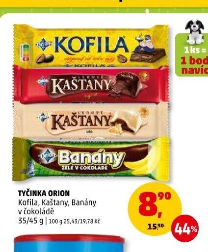 Tyčinka Orion (Kofila, Kaštany, Banány v čokoládě)