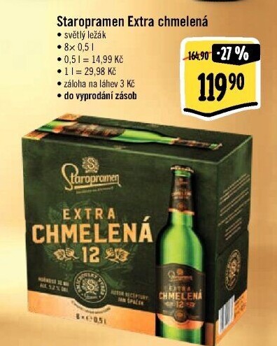 Pivo světlý ležák Extra chmelená 12° Staropramen
