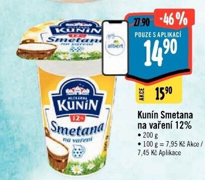 Smetana na vaření Kunín 12%