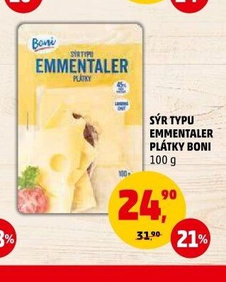 Sýr typu Emmentaler plátky Boni 100 g