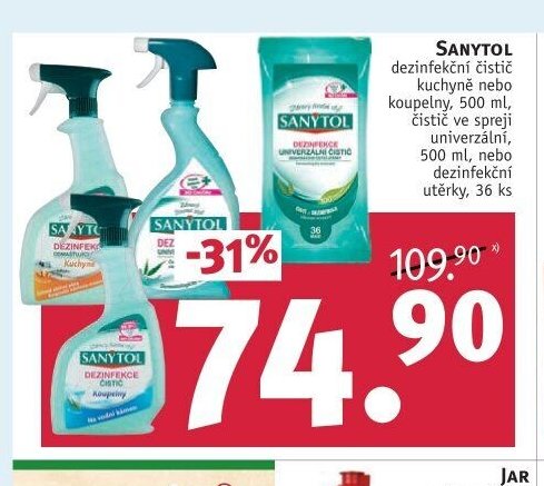 SANYTOL dezinfekční čistič kuchyně nebo koupelny, 500 ml, čistič ve spreji univerzální, 500 ml, nebo dezinfekční utěrky, 36 ks