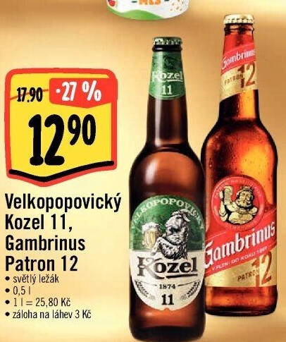 Pivo světlý ležák 11° Medium Velkopopovický Kozel