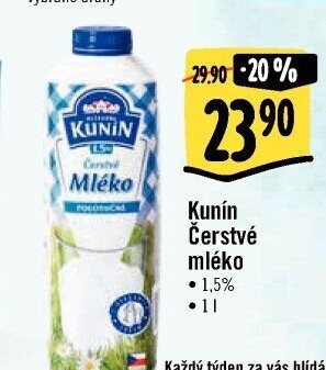 Mléko čerstvé Kunín - 1,5% polotučné