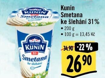 Smetana ke šlehání Kunín 31%
