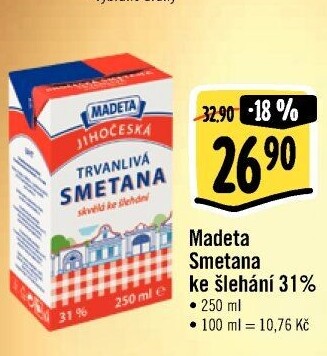 Smetana ke šlehání trvanlivá Jihočeská Madeta 31%