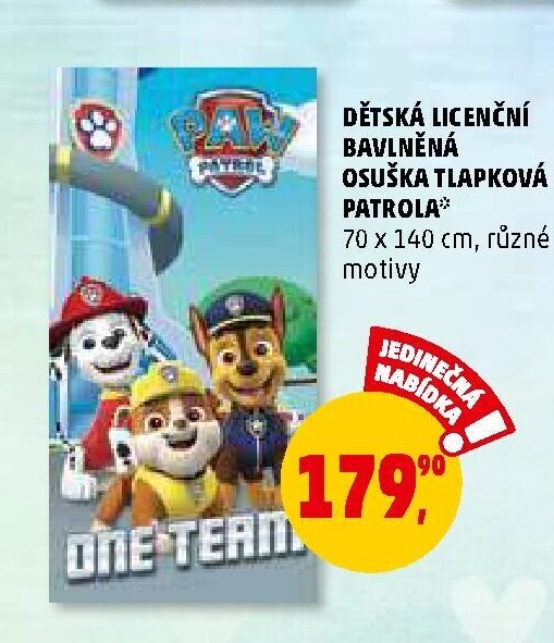 DĚTSKÉ LICENČNÍ BAVLNĚNÁ OSUŠKA TLAPKOVÁ PATROLA