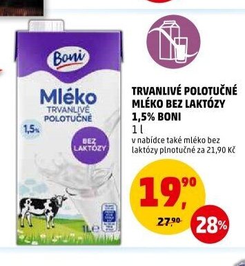 TRVANLIVÉ POLOTUČNÉ MLÉKO BEZ LAKTÓZY 1,5% BONI