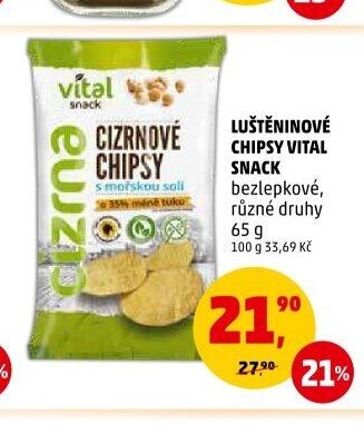 LUŠTĚNINOVÉ CHIPSY VITAL SNACK bezlepkové, různé druhy 65 g