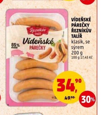 VÍDEŇSKÉ PÁREČKY ŘEZNÍKŮV TALÍŘ klasik, se sýrem 200 g