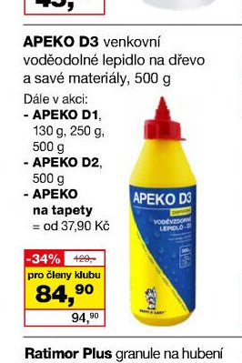 APEKO D3 venkovní voděodolné lepidlo na dřevo a savé materiály, 500 g