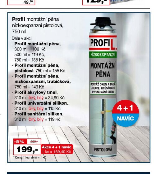 Profil montážní pěna nízkoexpanzní pistolová, 750 ml