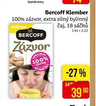 Bercoff Klember 100% zázvor, extra silný bylinný čaj, 18 sáčků