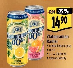 Nealkoholické pivo ochucené Radler Zlatopramen
