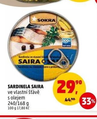 Sardinela Saira ve vlastní šťávě s olejem