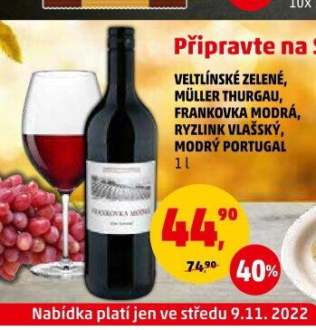 VELTLÍNSKÉ ZELENÉ, MÜLLER THURGAU, FRANKOVKA MODRÁ, RYZLINK VLAŠSKÝ, MODRÝ PORTUGAL 1 l