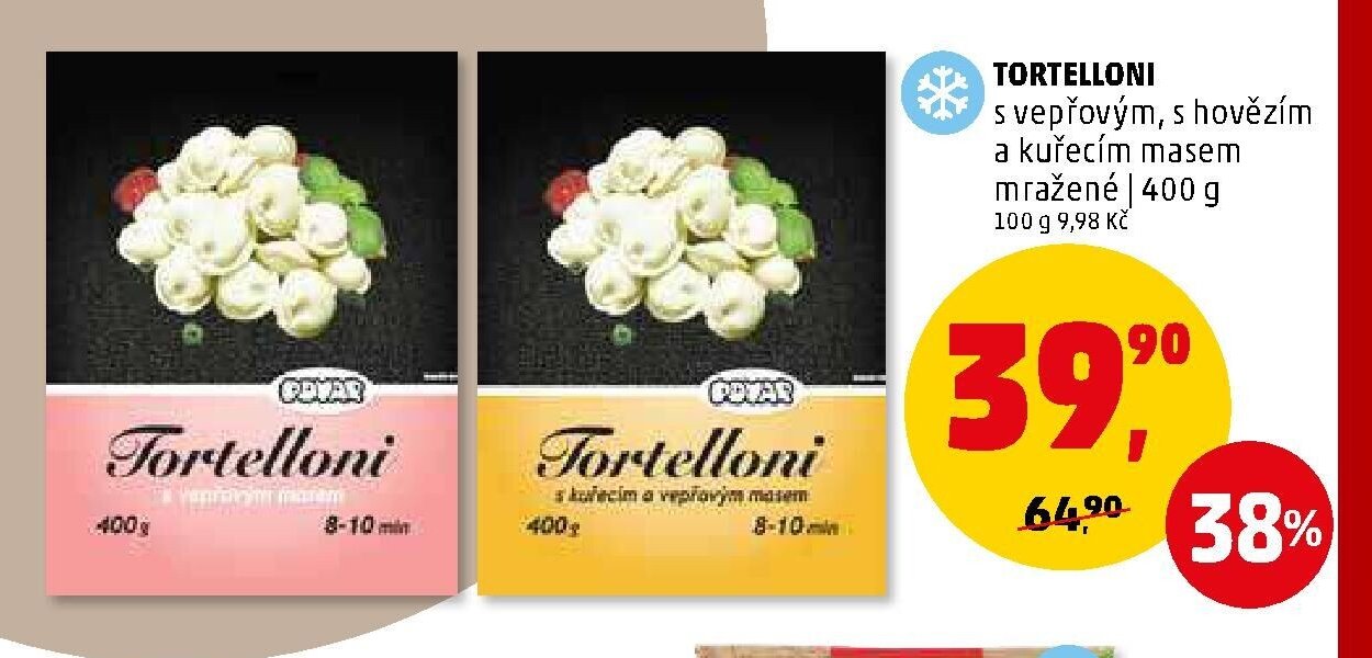 Tortelloni s vepřovým masem a kuřecím masem mražené 400 g