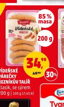 VÍDEŇSKÉ PÁREČKY ŘEZNÍKŮV TALÍŘ klasik, se sýrem 200 g