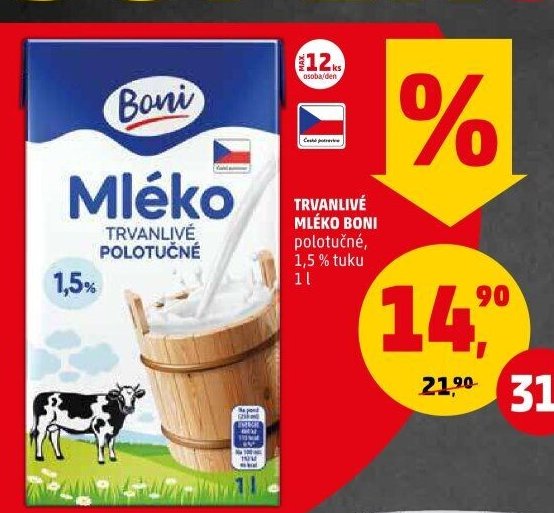 TRVANLIVÉ MLÉKO BONI polotučné, 1,5 % tuku 1 l