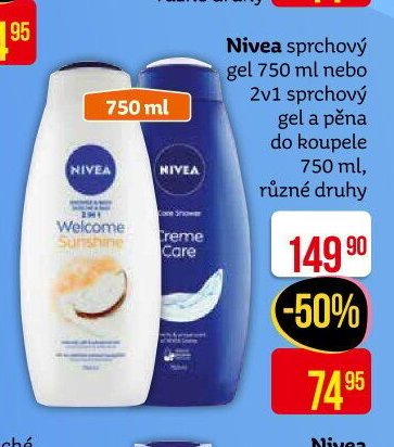 Nivea sprchový gel 750 ml nebo 2v1 sprchový gel a pěna do koupele 750 ml, různé druhy