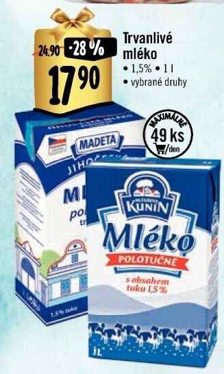Mléko trvanlivé Kunín - 1,5% polotučné