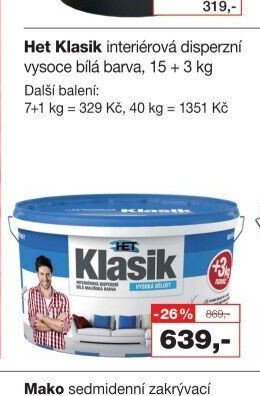 Het Klasik interiérová disperzní vysoce bílá barva, 15 + 3 kg