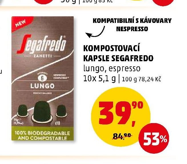KOMPOSTOVACÍ KAPSLE SEGAFREDO lungo, espresso 10x 5,1 g