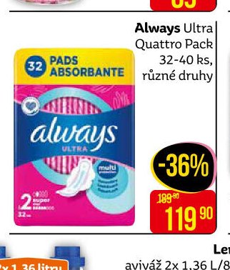Always Ultra Quattro Pack 32-40 ks, různé druhy
