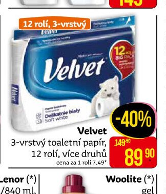 Velvet 3-vrstvý toaletní papír, 12 rolí, více druhů