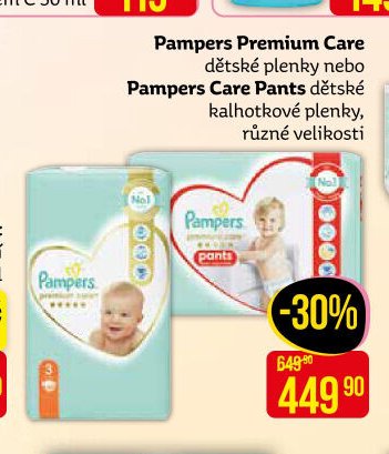 Pampers Premium Care dětské plenky nebo Pampers Care Pants dětské kalhotkové plenky, různé velikosti