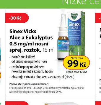 Sinex Vicks Aloe a Eukalyptus 0,5 mg/ml nosní sprej, roztok, 15 ml