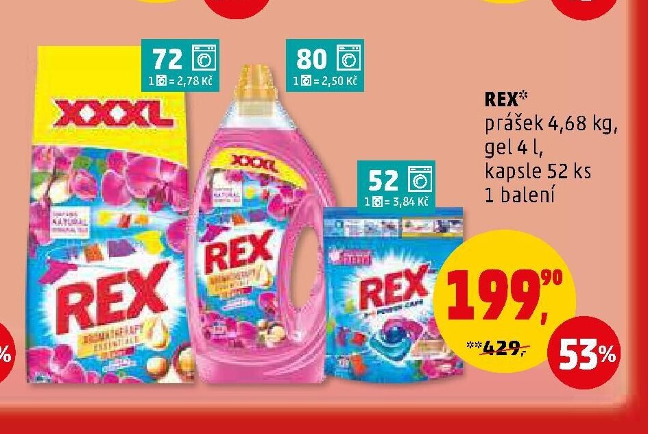 REX prášek 4,68 kg, gel 4 l, kapsle 52 ks