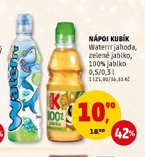 Nápoj Kubík Waterrr jahoda, zelené jablko, 100% jablko 0,5/0,3 l