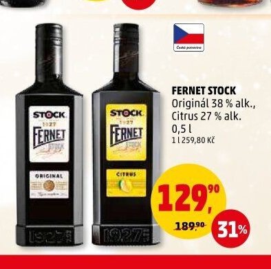 Fernet Stock Originál 38 % alk., Citrus 27 % alk. 0,5 l