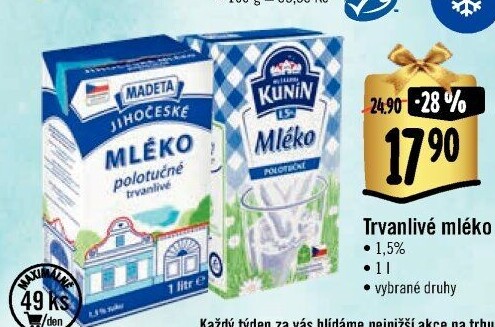 Mléko trvanlivé Jihočeské Madeta - 1,5% polotučné
