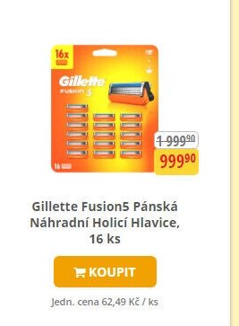 Gillette Fusion5 Pánská Náhradní Holicí Hlavice, 16 ks