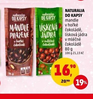 NATURALIA DO KAPSY mandle v hořké čokoládě, lísková jádra v mléčné čokoládě