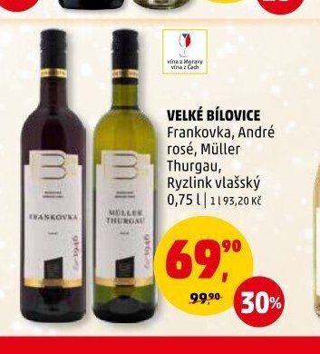 Velké Bílovice Frankovka, André rosé, Müller Thurgau, Ryzlink vlašský