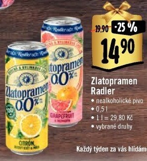 Nealkoholické pivo ochucené Radler Zlatopramen