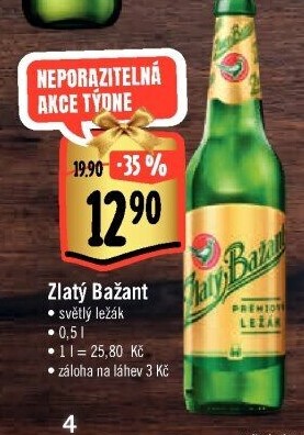 Pivo světlý ležák 12° Zlatý Bažant