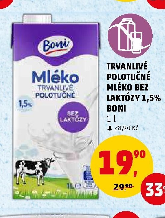 TRVANLIVÉ POLOTUČNÉ MLÉKO BEZ LAKTÓZY 1,5% BONI 1 l